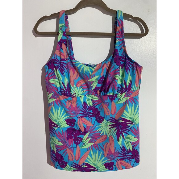 Lands End Swim Top 14 Blue Pink Floral Resort Beach Pool Vacation Hawaiian - Picture 1 of 8